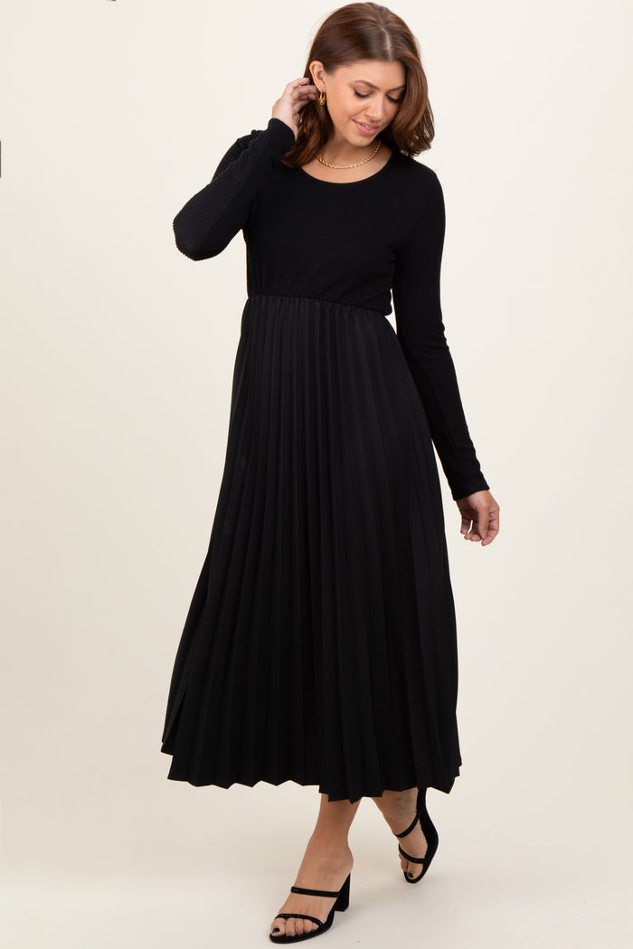 Black Knit Contrast Pleated Skirt Midi Dress