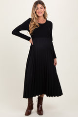 Black Knit Contrast Pleated Skirt Maternity Midi Dress