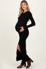 Black Ribbed Knit Long Sleeve Side Slit Maternity Maxi Dress