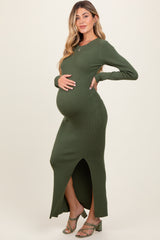 Olive Ribbed Knit Long Sleeve Side Slit Maternity Maxi Dress