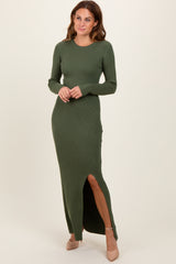 Olive Ribbed Knit Long Sleeve Side Slit Maxi Dress