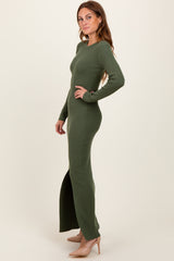 Olive Ribbed Knit Long Sleeve Side Slit Maxi Dress