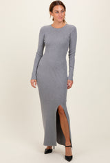 Heather Grey Ribbed Knit Long Sleeve Side Slit Maternity Maxi Dress