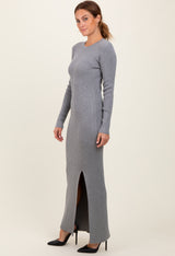 Heather Grey Ribbed Knit Long Sleeve Side Slit Maxi Dress