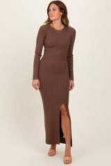 Mocha Ribbed Knit Long Sleeve Side Slit Maternity Maxi Dress