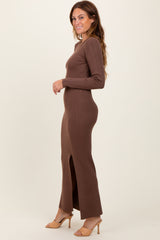 Mocha Ribbed Knit Long Sleeve Side Slit Maxi Dress