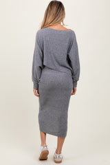 Heather Grey Ribbed Knit Asymmetric Top Midi Skirt Maternity Set