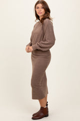 Mocha Ribbed Knit Asymmetric Top Midi Skirt Set