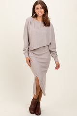 Beige Ribbed Knit Asymmetric Top Midi Skirt Maternity Set