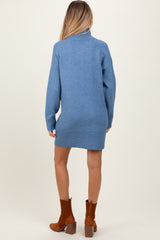 Blue Chunky Knit Turtleneck Maternity Mini Sweater Dress
