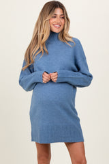 Blue Chunky Knit Turtleneck Maternity Mini Sweater Dress