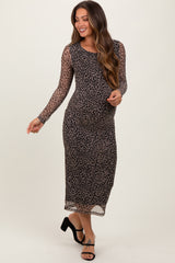 Black Leopard Print Mesh Long Sleeve Maternity Midi Dress