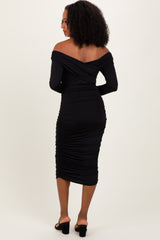 Black Off Shoulder Ruched Long Sleeve Midi Dress