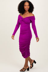 Purple Off Shoulder Ruched Long Sleeve Midi Dress