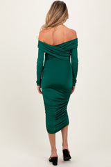 Green Off Shoulder Ruched Long Sleeve Maternity Midi Dress