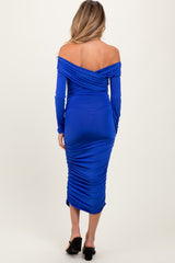 Royal Blue Off Shoulder Ruched Long Sleeve Maternity Midi Dress