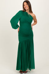 Forest Green Ruched Mesh One Shoulder Asymmetric Maternity Maxi Dress