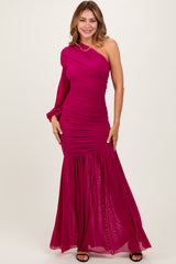 Magenta Ruched Mesh One Shoulder Asymmetric Maternity Maxi Dress