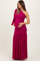 Magenta Ruched Mesh One Shoulder Asymmetric Maternity Maxi Dress