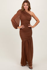 Mocha Ruched Mesh One Shoulder Asymmetric Maxi Dress