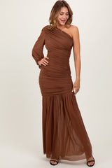 Mocha Ruched Mesh One Shoulder Asymmetric Maternity Maxi Dress