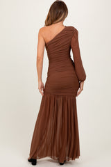 Mocha Ruched Mesh One Shoulder Asymmetric Maxi Dress