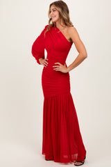 Red Ruched Mesh One Shoulder Asymmetric Maxi Dress