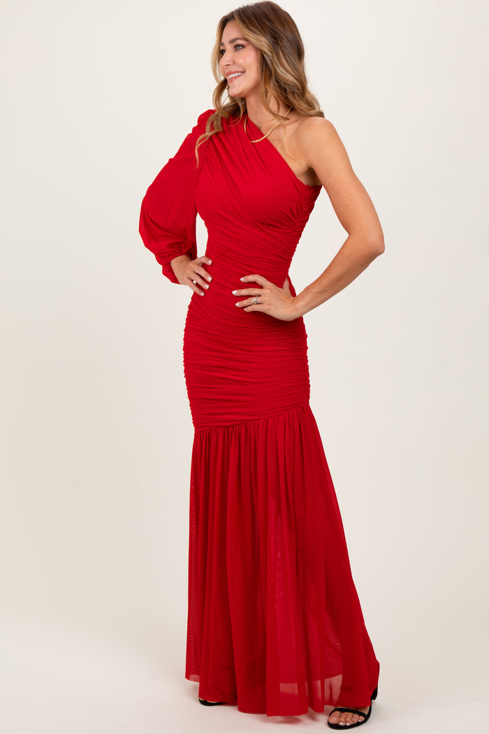 Red Ruched Mesh One Shoulder Asymmetric Maxi Dress