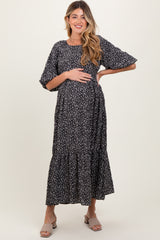 Black Floral Puffed Short Sleeve Maternity Maxi Dress