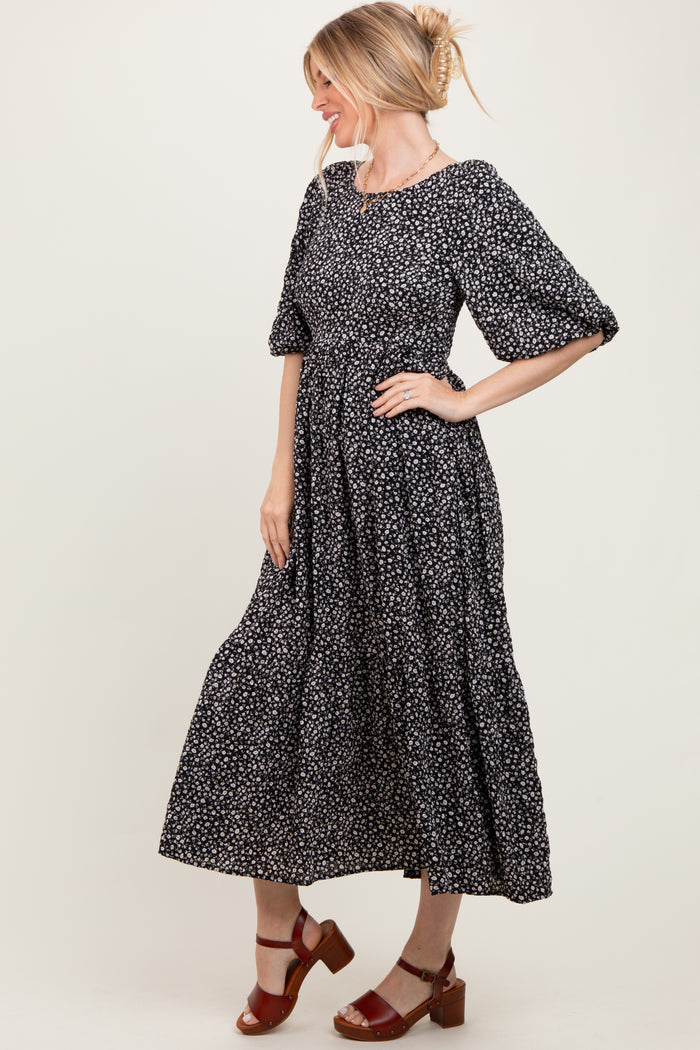 Black Floral Puffed Short Sleeve Maxi Dress
