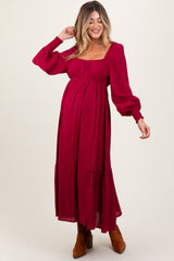 Burgundy Square Neckline Bubble Sleeve Maternity Maxi Dress