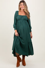 Forest Green Square Neckline Bubble Sleeve Maternity Maxi Dress