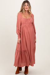 Mauve Square Neckline Bubble Sleeve Maternity Maxi Dress