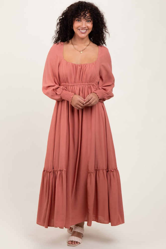 Mauve Square Neckline Bubble Sleeve Maternity Maxi Dress