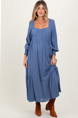 Blue Square Neckline Bubble Sleeve Maternity Maxi Dress