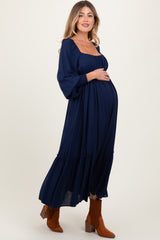 Navy Square Neckline Bubble Sleeve Maternity Maxi Dress