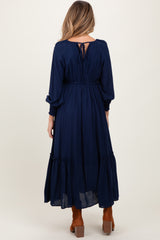 Navy Square Neckline Bubble Sleeve Maternity Maxi Dress