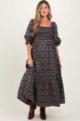 Black Damask Print Smocked Maternity Maxi Dress