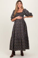 Black Damask Print Smocked Maternity Maxi Dress