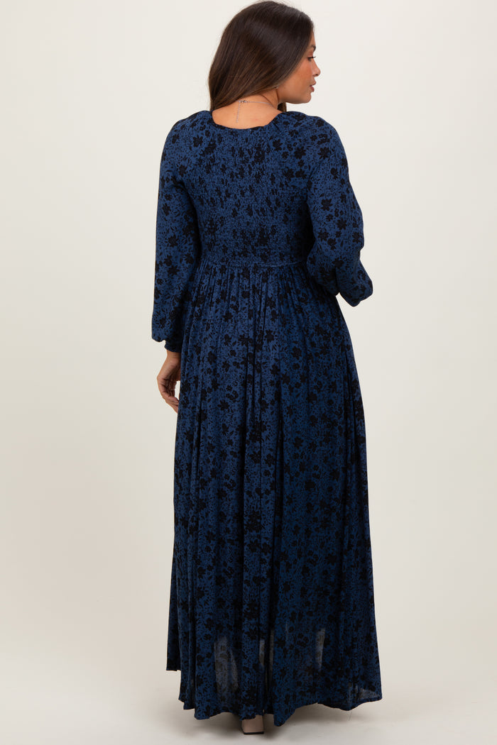 Navy Floral Smocked Button Detail Maternity Maxi Dress