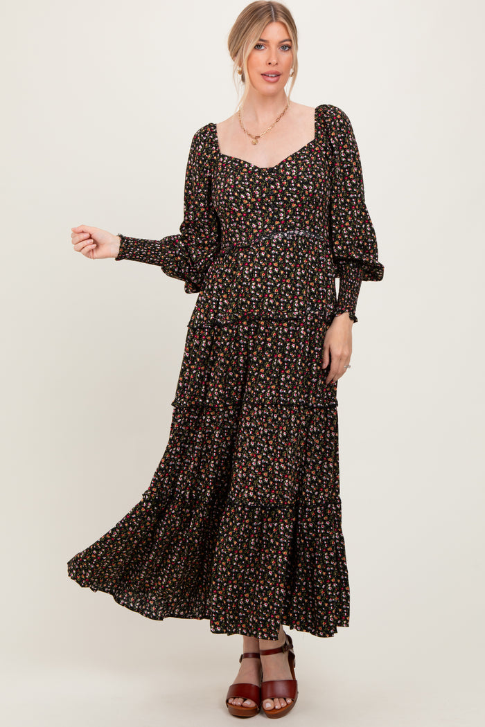 Black Floral Button Accent Bodice Tiered Maxi Dress