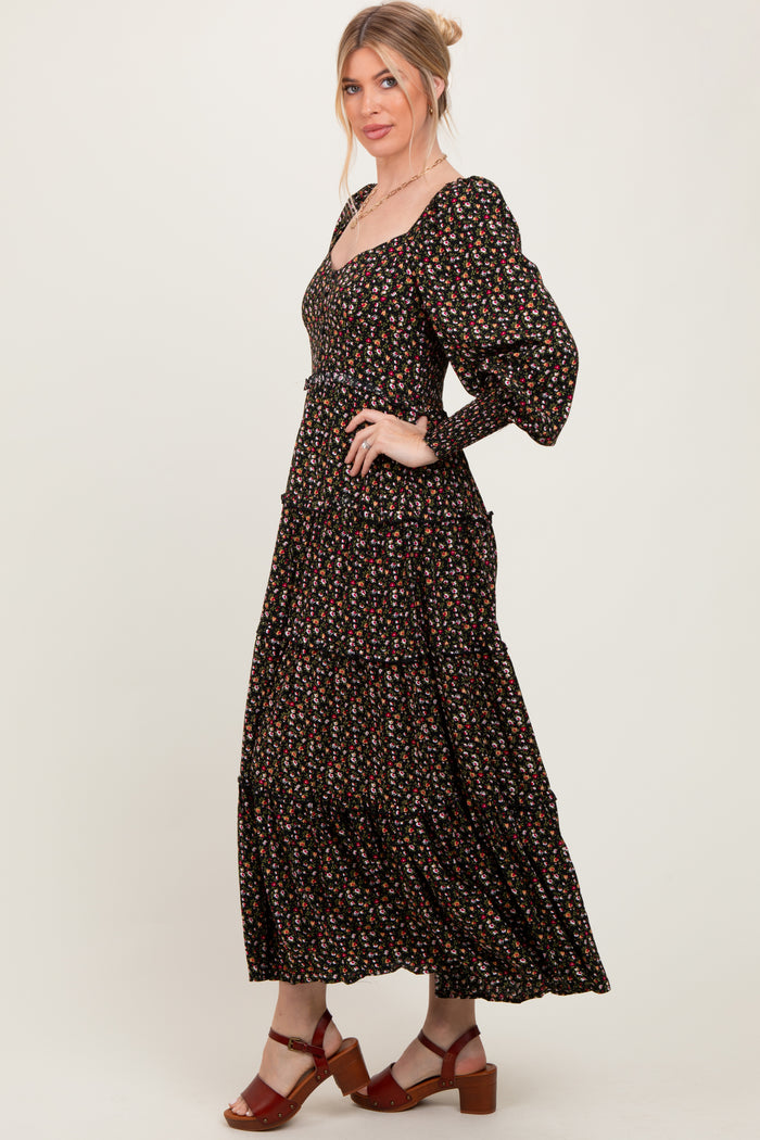 Black Floral Button Accent Bodice Tiered Maternity Maxi Dress
