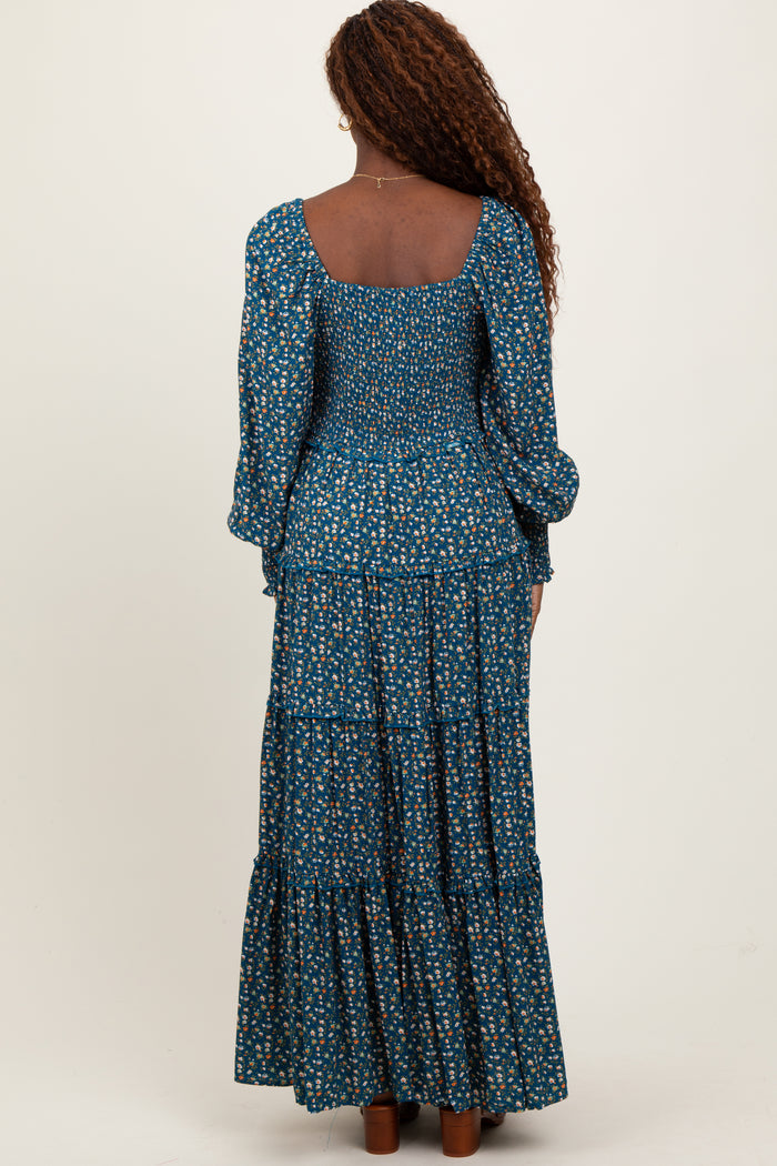 Teal Floral Button Accent Bodice Tiered Maxi Dress