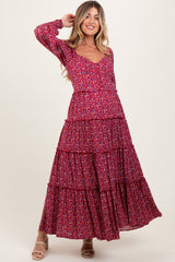 Burgundy Floral Button Accent Bodice Tiered Maternity Maxi Dress