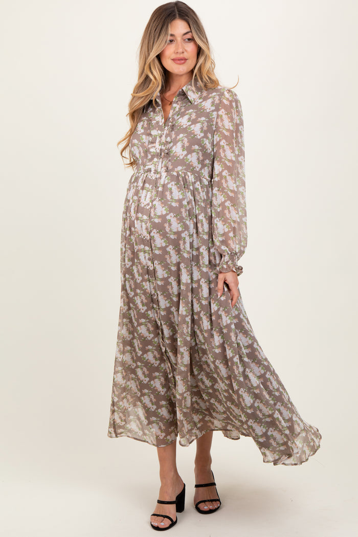 Taupe Floral Chiffon Ruffle Accent Button Down Maternity Maxi Dress