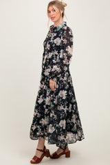 Black Floral Chiffon Ruffle Accent Button Down Maxi Dress