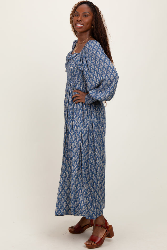 Blue Damask Print Smocked Ruffle Accent Maxi Dress