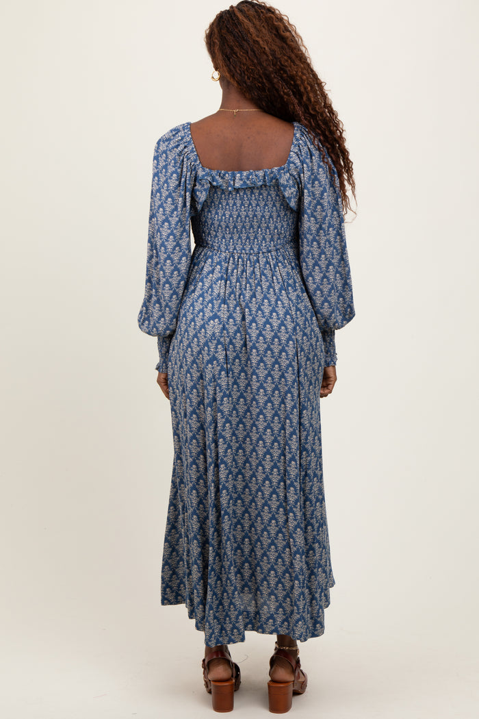 Blue Damask Print Smocked Ruffle Accent Maxi Dress