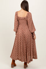 Mocha Damask Print Smocked Ruffle Accent Maternity Maxi Dress