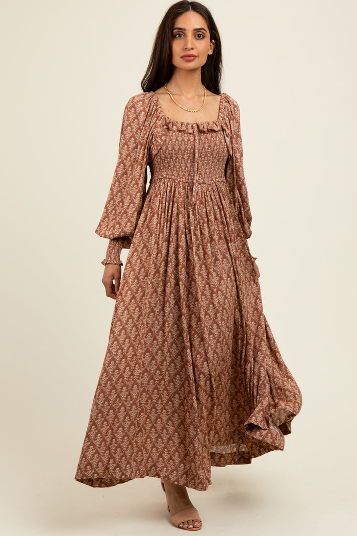 Mocha Damask Print Smocked Ruffle Accent Maxi Dress